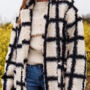 New !super plush hooded Black and Cream Checkered coat